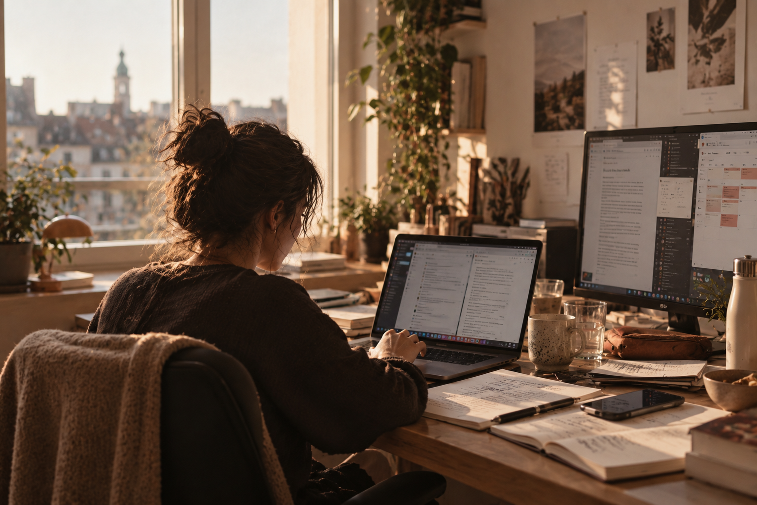 A person working at a desk at the end of the day